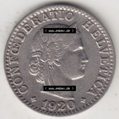 Münzen Schweiz 1881-1938, 20 Rappen Münzzeichen / Mzz. B 1920, Münzen Vorderseite als Bildmaterial im online Katalog und online Datenbank für Sammler von Schweizer... Sammlung