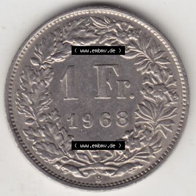Münzen Schweiz 1968-1982, 1 Franken mit Münzzeichen / Mzz. B 1968 I., Münzen Rückseite als Bildmaterial im online Katalog und online Datenbank für... Sammlung