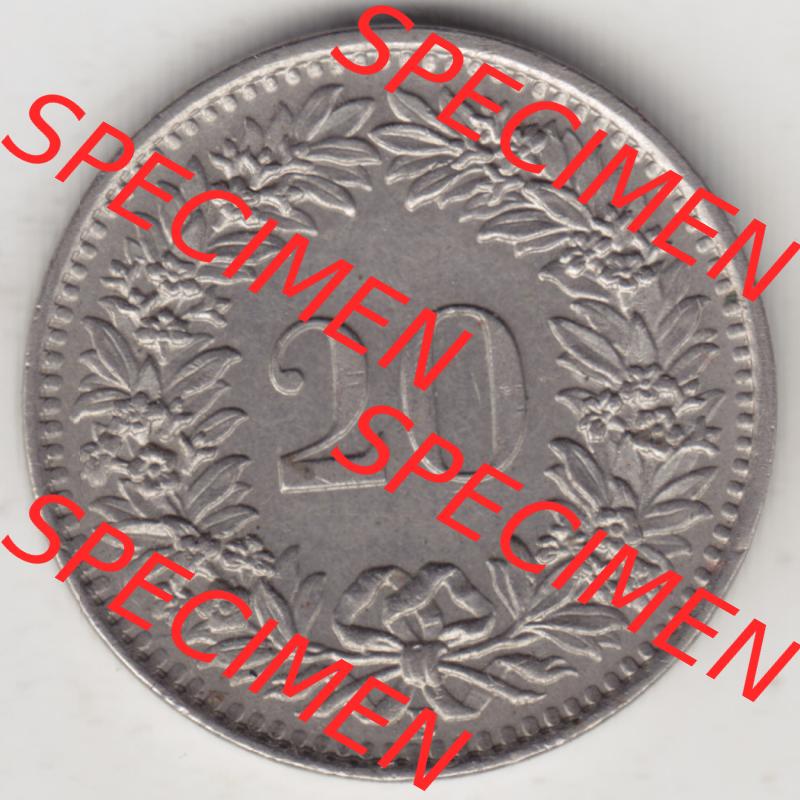 Münzen Schweiz 1939-2018, 20 Rappen Münzzeichen / Mzz. B 1963 V., Münzen Rückseite als Bildmaterial im online Katalog und online Datenbank für Sammler... Sammlung