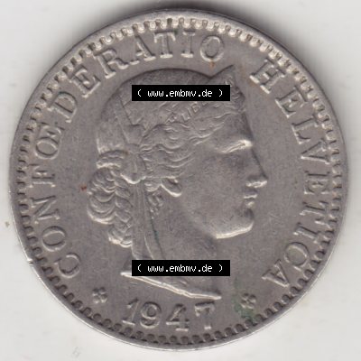 Münzen Schweiz 1939-2018, 20 Rappen Münzzeichen / Mzz. B 1947, Münzen Vorderseite als Bildmaterial im online Katalog und online Datenbank für Sammler von Schweizer... Sammlung