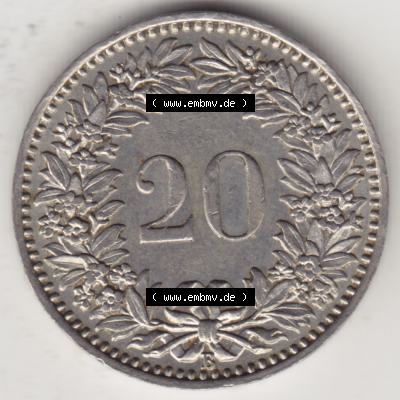 Münzen Schweiz 1881-1938, 20 Rappen Münzzeichen / Mzz. B 1933 II., Münzen Rückseite als Bildmaterial im online Katalog und online Datenbank für Sammler... Sammlung