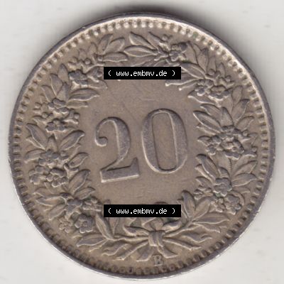 Münzen Schweiz 1939-Heute, 20 Rappen Münzzeichen / Mzz. B 1943, Münzen Rückseite als Bildmaterial im online Katalog und online Datenbank für Sammler von... Sammlung
