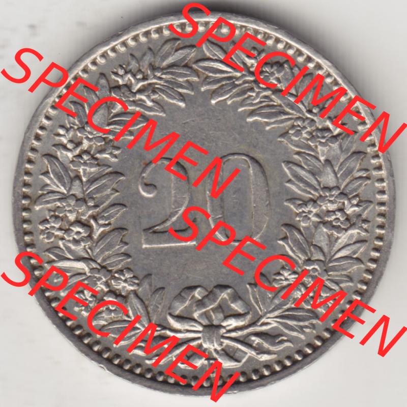 Münzen Schweiz 1881-1938, 20 Rappen Münzzeichen / Mzz. B 1933 II., Münzen Rückseite als Bildmaterial im online Katalog und online Datenbank für Sammler... Sammlung