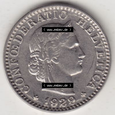 Münzen Schweiz 1881-1938, 20 Rappen Münzzeichen / Mzz. B 1929, Münzen Vorderseite als Bildmaterial im online Katalog und online Datenbank für Sammler von Schweizer... Sammlung