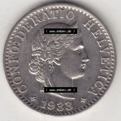 Münzen Schweiz 1881-1938, 20 Rappen Münzzeichen / Mzz. B 1933 I., Münzen Vorderseite als Bildmaterial im online Katalog und online Datenbank für Sammler... Sammlung