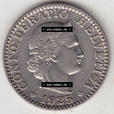 Münzen Schweiz 1881-1938, 20 Rappen Münzzeichen / Mzz. B 1925, Münzen Vorderseite als Bildmaterial im online Katalog und online Datenbank für Sammler von Schweizer... Sammlung