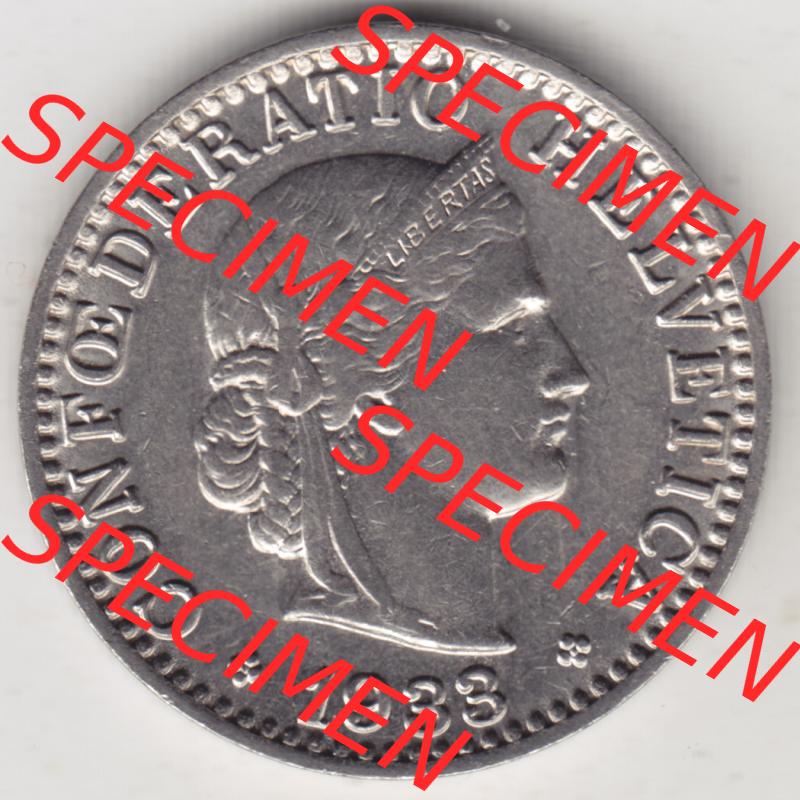Münzen Schweiz 1881-1938, 20 Rappen Münzzeichen / Mzz. B 1933, Münzen Vorderseite als Bildmaterial im online Katalog und online Datenbank für Sammler von Schweizer... Sammlung