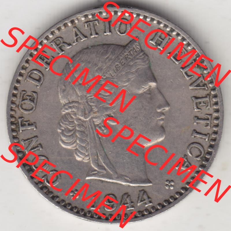 Münzen Schweiz 1939-Heute, 20 Rappen Münzzeichen / Mzz. B 1944 ii, Münzen Vorderseite als Bildmaterial im online Katalog und online Datenbank für Sammler von... Sammlung