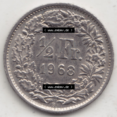 Münzen Schweiz 1968-1982, 1/2 Franken mit Münzzeichen / Mzz. B 1968 I, Münzen Rückseite als Bildmaterial Sammlung