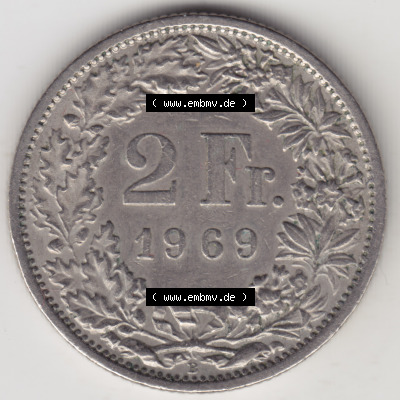 Münzen Schweiz 1968-1982, 2 Franken mit Münzzeichen / Mzz. B 1969, Münzen Rückseite als Bildmaterial im online Katalog und... Sammlung