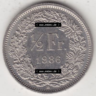 Münzen Schweiz 1983-Heute, 1/2 Franken mit Münzzeichen / Mzz. B 1986, Münzen Rückseite als Bildmaterial Sammlung