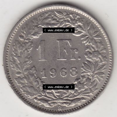 Münzen Schweiz 1968-1982, 1 Franken mit Münzzeichen / Mzz. B 1968 III., Münzen Rückseite als Bildmaterial im online Katalog und online Datenbank für... Sammlung