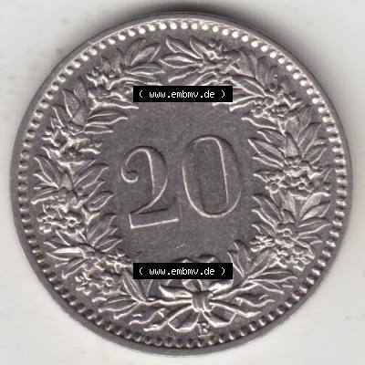 Münzen Schweiz 1881-1938, 20 Rappen Münzzeichen / Mzz. B 1930, Münzen Rückseite als Bildmaterial im online Katalog und online Datenbank für Sammler von Schweizer... Sammlung