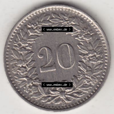 Münzen Schweiz 1939-Heute, 20 Rappen Münzzeichen / Mzz. B 1945, Münzen Rückseite als Bildmaterial im online Katalog und online Datenbank für Sammler von... Sammlung