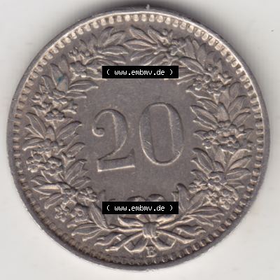 Münzen Schweiz 1939-Heute, 20 Rappen Münzzeichen / Mzz. B 1939, Münzen Rückseite als Bildmaterial im online Katalog und online Datenbank für Sammler von... Sammlung