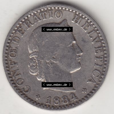 Münzen Schweiz 1881-1938, 20 Rappen Münzzeichen / Mzz. B 1884, Münzen Vorderseite als Bildmaterial im online Katalog und online Datenbank für Sammler von Schweizer... Sammlung
