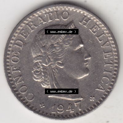 Münzen Schweiz 1939-Heute, 20 Rappen Münzzeichen / Mzz. B 1947-I, Münzen Vorderseite als Bildmaterial im online Katalog und online Datenbank für Sammler von Schweizer... Sammlung