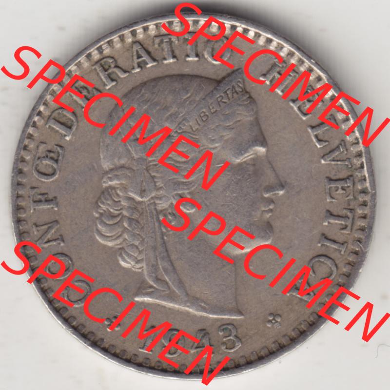 Münzen Schweiz 1939-Heuite, 20 Rappen Münzzeichen / Mzz. B 1943, Münzen Vorderseite als Bildmaterial im online Katalog und online Datenbank für Sammler von Schweizer... Sammlung