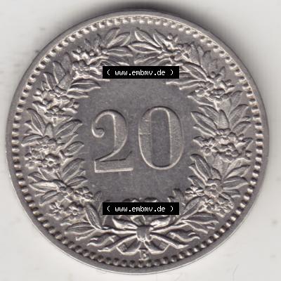 Münzen Schweiz 1881-1938, 20 Rappen Münzzeichen / Mzz. B 1909, Münzen Rückseite als Bildmaterial im online Katalog und online Datenbank für Sammler von Schweizer... Sammlung