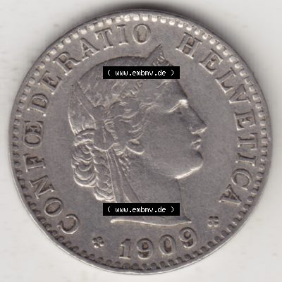 Münzen Schweiz 1881-1938, 20 Rappen Münzzeichen / Mzz. B 1909, Münzen Vorderseite als Bildmaterial im online Katalog und online Datenbank für Sammler von Schweizer... Sammlung