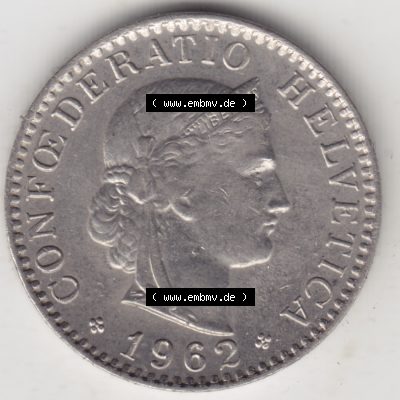 Münzen Schweiz 1939-2018, 20 Rappen Münzzeichen / Mzz. B 1962, Münzen Vorderseite als Bildmaterial im online Katalog und online Datenbank für Sammler von Schweizer... Sammlung
