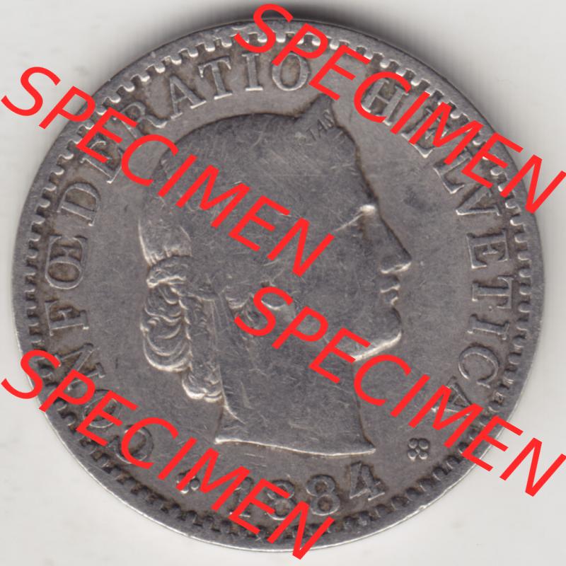 Münzen Schweiz 1881-1938, 20 Rappen Münzzeichen / Mzz. B 1884, Münzen Vorderseite als Bildmaterial im online Katalog und online Datenbank für Sammler von Schweizer... Sammlung