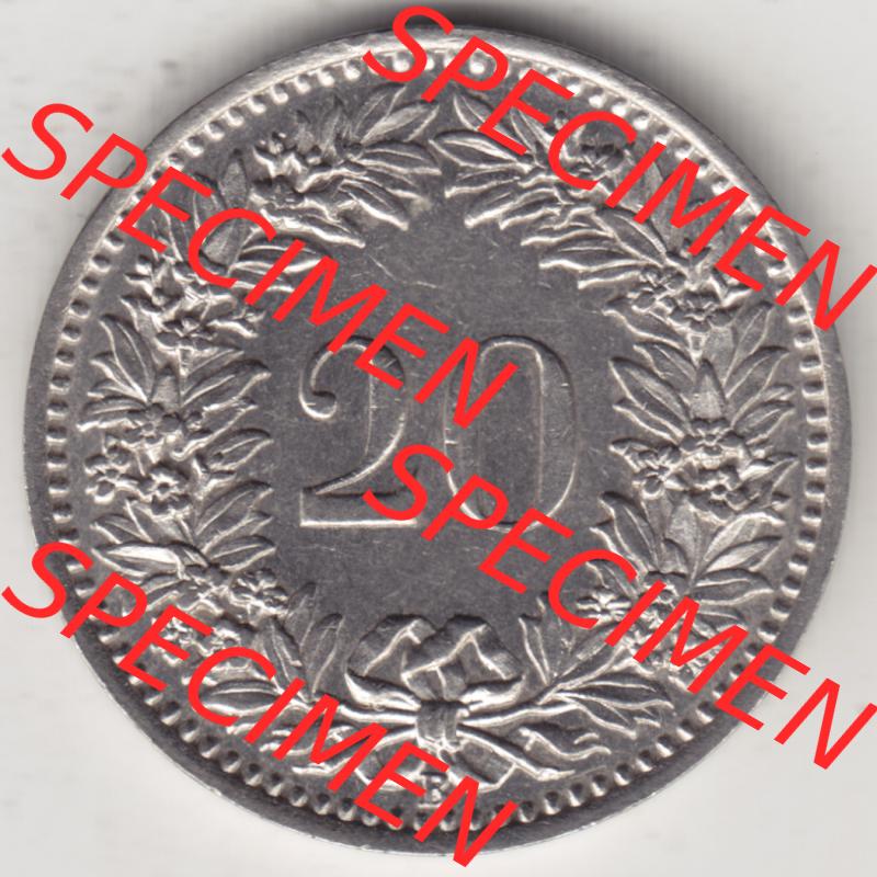 Münzen Schweiz 1881-1938, 20 Rappen Münzzeichen / Mzz. B 1933 I., Münzen Rückseite als Bildmaterial im online Katalog und online Datenbank für Sammler... Sammlung