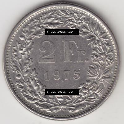 Münzen Schweiz 1968-1982, 2 Franken mit Münzzeichen / Mzz. B 1975, Münzen Rückseite als Bildmaterial im online Katalog und online Datenbank für Sammler von... Sammlung