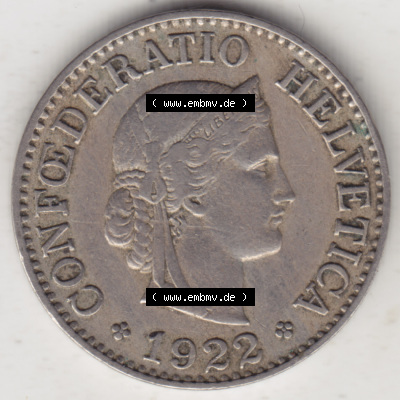 Münzen Schweiz 1919-1931, 10 Rappen B 1922, Münzen Vorderseite als Bildmaterial im online Katalog und online Datenbank Sammlung