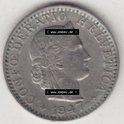 Münzen Schweiz 1939-Heute, 20 Rappen Münzzeichen / Mzz. B 1947 II, Münzen Vorderseite als Bildmaterial im online Katalog und online Datenbank für Sammler von... Sammlung