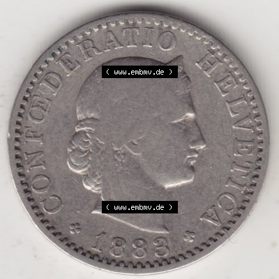 Münzen Schweiz 1881-1938, 20 Rappen Münzzeichen / Mzz. B 1883, Münzen Vorderseite als Bildmaterial im online Katalog und online Datenbank für Sammler von Schweizer... Sammlung