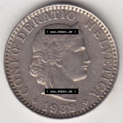 Münzen Schweiz 1939-Heute, 20 Rappen Münzzeichen / Mzz. B 1939, Münzen Vorderseite als Bildmaterial im online Katalog und online Datenbank für Sammler von Schweizer... Sammlung