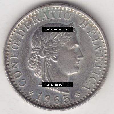 Münzen Schweiz 1939-2018, 20 Rappen Münzzeichen / Mzz. B 1965, Münzen Vorderseite als Bildmaterial im online Katalog und online Datenbank für Sammler von Schweizer... Sammlung