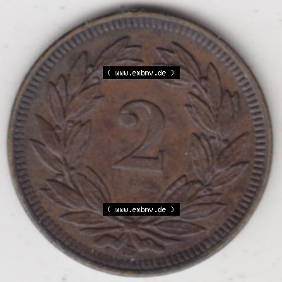 Münzen Schweiz 1850-1931, 2 Rappen, Münzen Rückseite als Bildmaterial im online Katalog und online Datenbank für Sammler von Schweizer Münzen. Sammlung