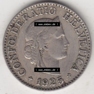 Münzen Schweiz 1919-1931, 10 Rappen B 1925 II., Münzen Vorderseite als Bildmaterial im online Katalog und online Datenbank Sammlung