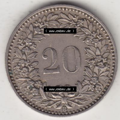 Münzen Schweiz 1939-Heute, 20 Rappen Münzzeichen / Mzz. B 1944 ii, Münzen Rückseite als Bildmaterial im online Katalog und online Datenbank für Sammler von... Sammlung
