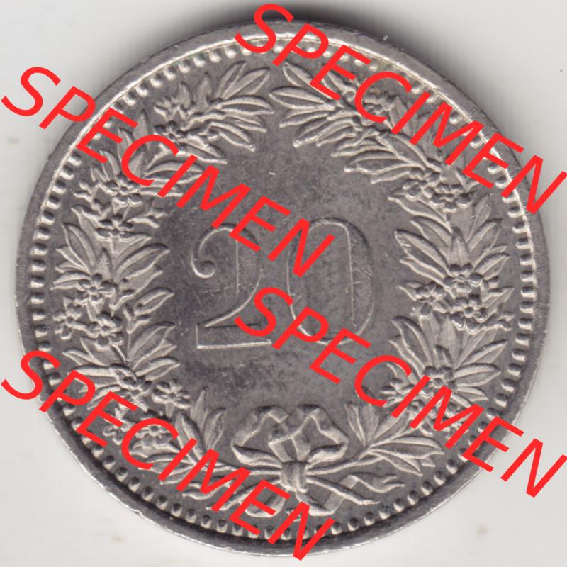 Münzen Schweiz 1939-2018, 20 Rappen Münzzeichen / Mzz. B 1991, Münzen Rückseite als Bildmaterial im online Katalog und online Datenbank für Sammler von Schweizer... Sammlung