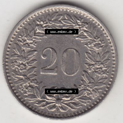Münzen Schweiz 1939-2018, 20 Rappen Münzzeichen / Mzz. B 1962 II., Münzen Rückseite als Bildmaterial im online Katalog und online Datenbank für Sammler... Sammlung