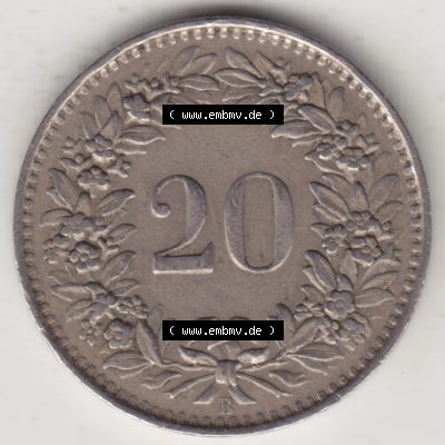Münzen Schweiz 1939-Heuite, 20 Rappen Münzzeichen / Mzz. B 1943, Münzen Rückseite als Bildmaterial im online Katalog und online Datenbank für Sammler von... Sammlung