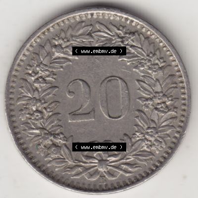 Münzen Schweiz 1939-2018, 20 Rappen Münzzeichen / Mzz. B 1963 II., Münzen Rückseite als Bildmaterial im online Katalog und online Datenbank für Sammler... Sammlung