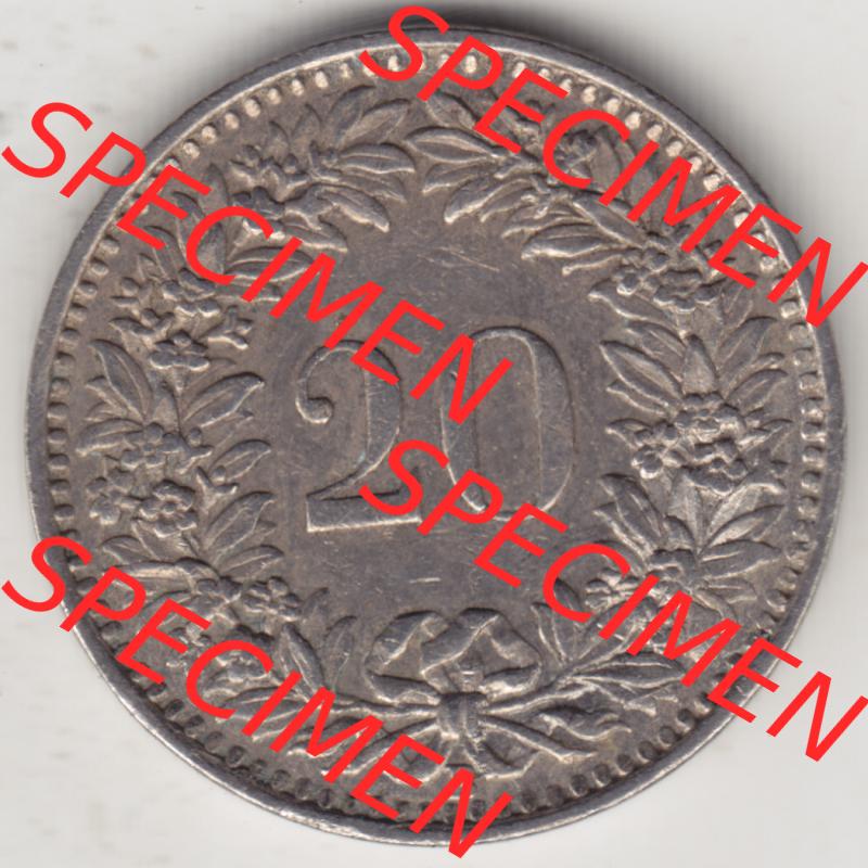 Münzen Schweiz 1939-Heute, 20 Rappen Münzzeichen / Mzz. B 1944 I, Münzen Vorderseite als Bildmaterial im online Katalog und online Datenbank für Sammler von Schweizer... Sammlung