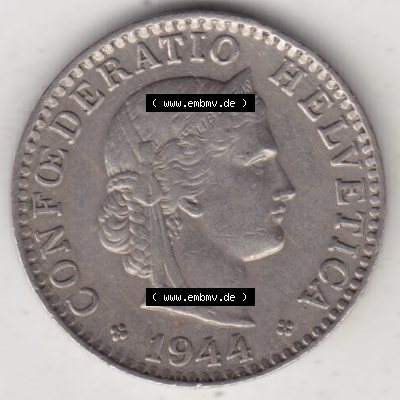 Münzen Schweiz 1939-Heute, 20 Rappen Münzzeichen / Mzz. B 1944-I, Münzen Vorderseite als Bildmaterial im online Katalog und online Datenbank für Sammler von Schweizer... Sammlung