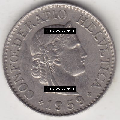 Münzen Schweiz 1940-Heute, 10 Rappen B 1959, Münzen Vorderseite als Bildmaterial im online Katalog und online Datenbank für Sammler von Schweizer Münzen. Sammlung