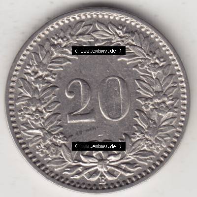 Münzen Schweiz 1881-1938, 20 Rappen Münzzeichen / Mzz. B 1929, Münzen Rückseite als Bildmaterial im online Katalog und online Datenbank für Sammler von Schweizer... Sammlung