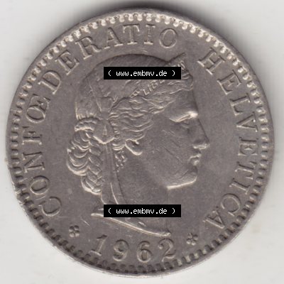 Münzen Schweiz 1939-2018, 20 Rappen Münzzeichen / Mzz. B 1962 I., Münzen Vorderseite als Bildmaterial im online Katalog und online Datenbank für Sammler... Sammlung