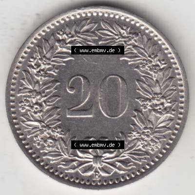 Münzen Schweiz 1881-1938, 20 Rappen Münzzeichen / Mzz. B 1933 I., Münzen Rückseite als Bildmaterial im online Katalog und online Datenbank für Sammler... Sammlung