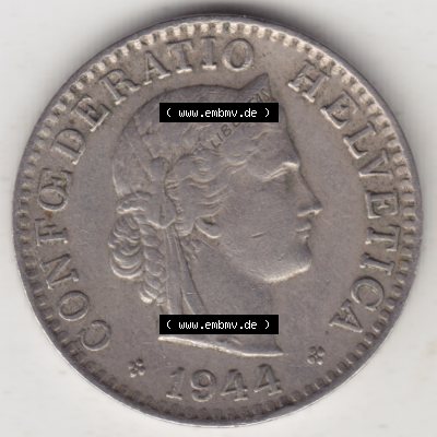Münzen Schweiz 1939-Heute, 20 Rappen Münzzeichen / Mzz. B 1944, Münzen Vorderseite als Bildmaterial im online Katalog und online Datenbank für Sammler von Schweizer... Sammlung