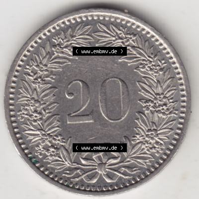 Münzen Schweiz 1939-2018, 20 Rappen Münzzeichen / Mzz. B 1982, Münzen Rückseite als Bildmaterial im online Katalog und online Datenbank für Sammler von Schweizer... Sammlung