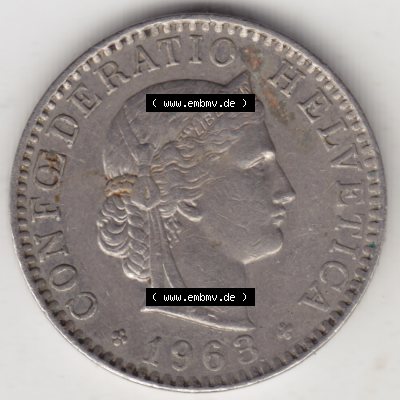 Münzen Schweiz 1939-2018, 20 Rappen Münzzeichen / Mzz. B 1963 II., Münzen Vorderseite als Bildmaterial im online Katalog und online Datenbank für Sammler... Sammlung