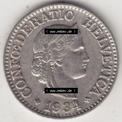 Münzen Schweiz 1932-1939, 10 Rappen B 1934, Münzen Vorderseite als Bildmaterial im online Katalog und online Datenbank für... Sammlung